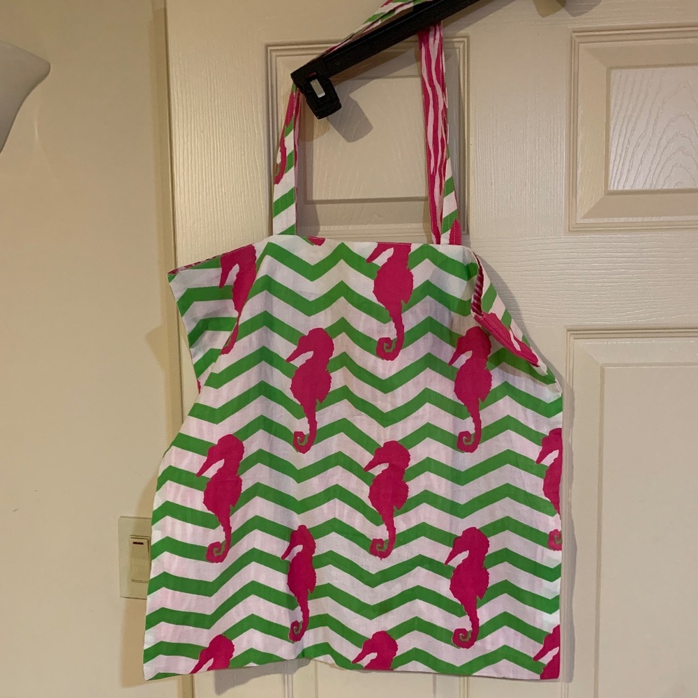 No name Pink/White/Green Seahorse Cotton Tote Bag